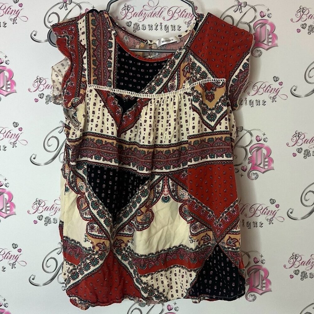 Mandee shirt tank top boho paisley ruffle sleeve Multicolor Patchwork Blouse
